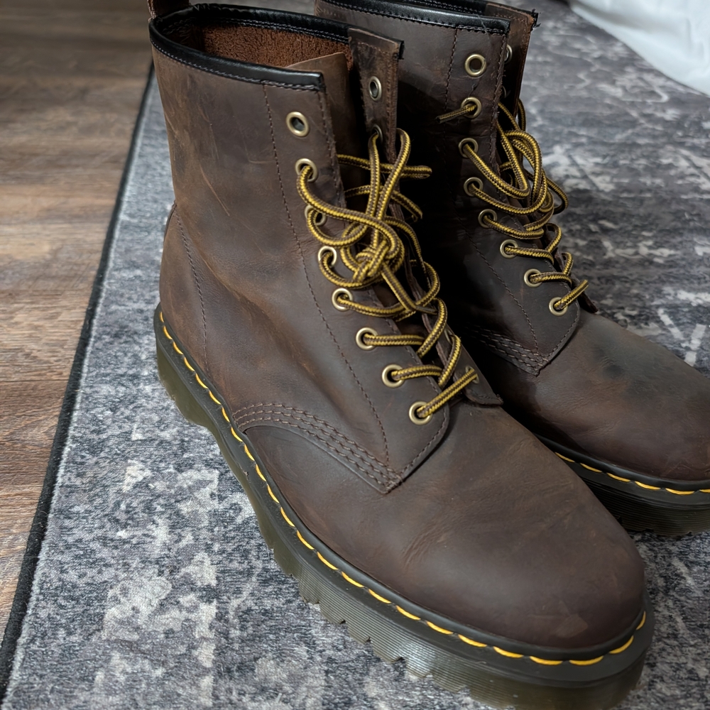 Dr. Martens Dark Brown Leather Boots with Yellow Laces